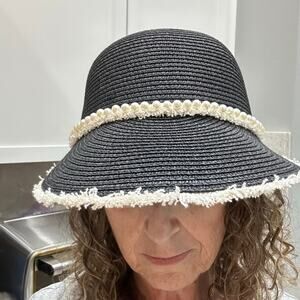 Rachel Zoe Black Straw Cloche Hat Pearl Trim Women’s